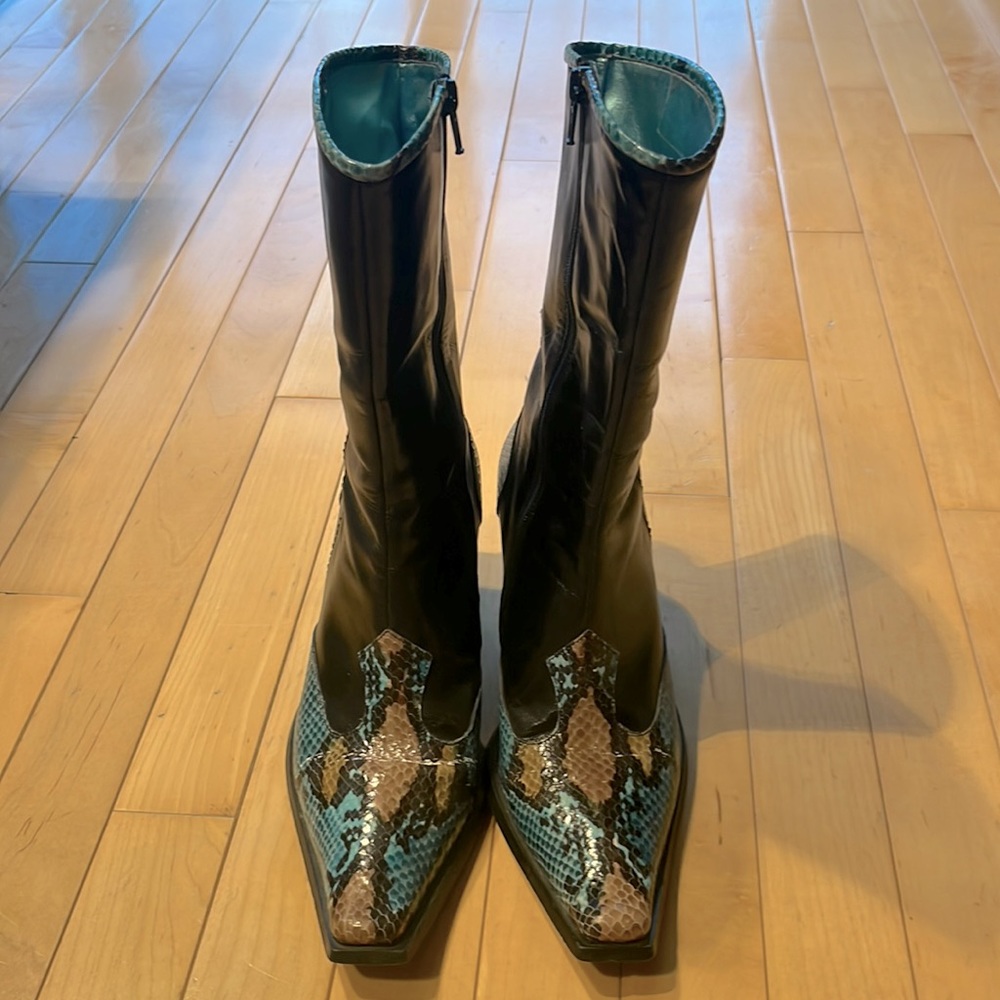 Black boots with teal and brown snake 🐍 skin